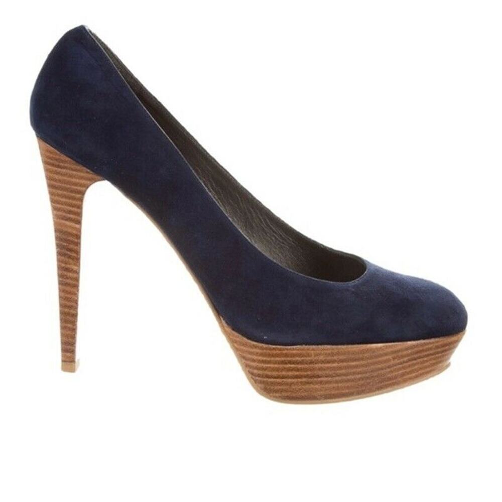 Stuart Weitzman Blue Suede Stilts Pump Platform Round Toe Slim Heel 6.5 M